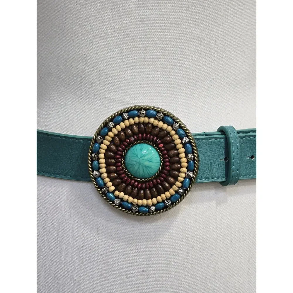 Vintage Womens Medium Belt Western Cowgirl Turquoise Teal Beaded Large Concho